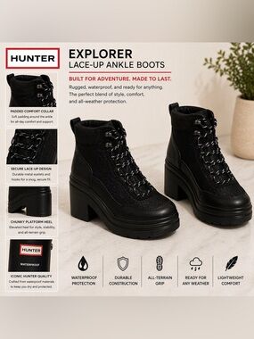 Hunter Explorer Black Lace Up Boots with Chunky Soles size 10
